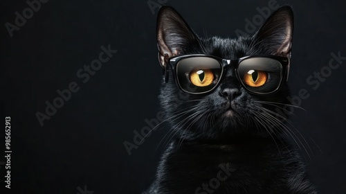 black cat in black glasses with empty space for text banner on the theme of halloween and black friday