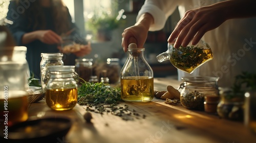 mixing oils herbs and other organic remedies homeopathy concept photo