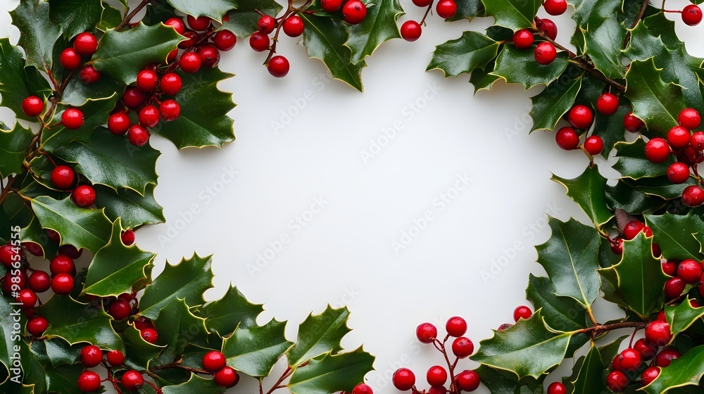Elegant Holly Leaves and Berries Arranged in a Circular Frame with Blank Center for Holiday