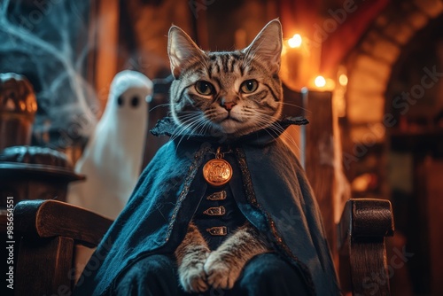 A cat dressed in a vampire cape, perched on an old wooden chair in a spooky, dimly lit room of a haunted house, with cobwebs and ghostly decor enhancing the Halloween atmosphere