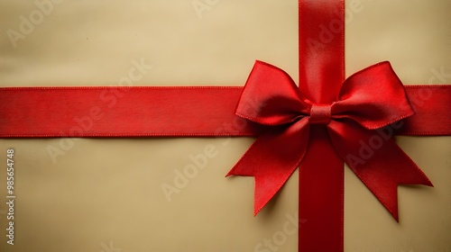 Red Ribbon Bow on Kraft Paper Backdrop for Festive Text or Branding