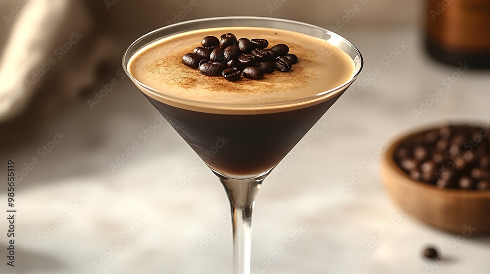 A rich Espresso Martini in a sleek martini glass, dark liquid topped with coffee beans, on a clean white background, soft shadows, elegant lighting. --ar 16:9 --no logo A rich Espresso Martini in a sleek martini glass, dark liquid topped with coffee beans, on a clean white background, soft shadows, elegant lighting. --ar 16:9 --no logo
