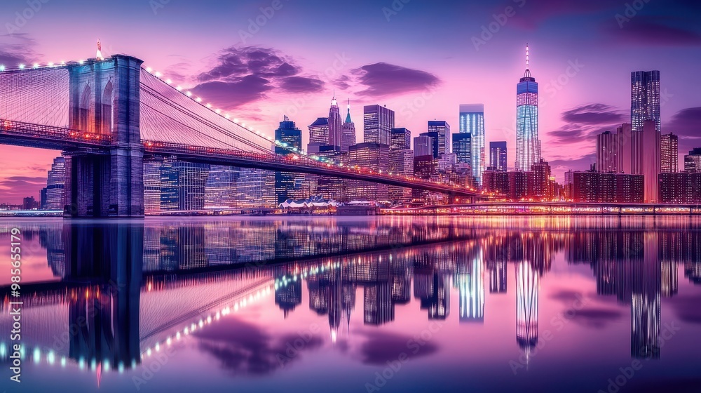 Fototapeta premium Brooklyn Bridge and Manhattan skyline during twilight, city lights reflecting on water, concept of urban landscapes transparent background