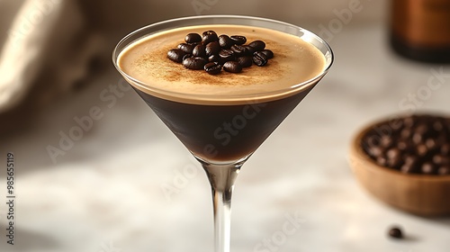 A rich Espresso Martini in a sleek martini glass, dark liquid topped with coffee beans, on a clean white background, soft shadows, elegant lighting.  --ar 16:9 --no logo photo