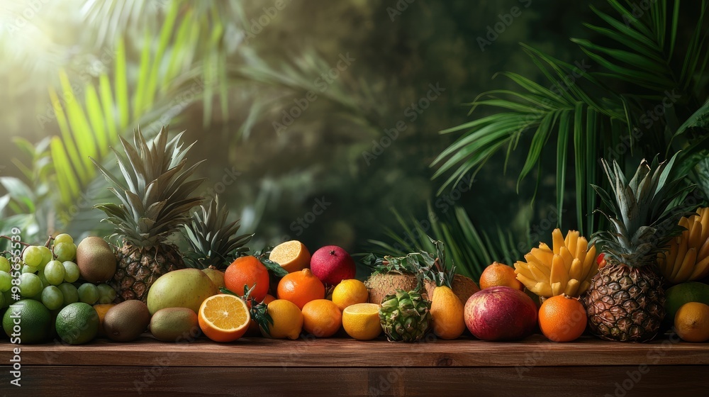 An assortment of organic tropical fruits on a wooden table with a background of greenery An assortment of organic tropical fruits on a wooden table with a background of greenery