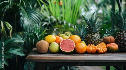 An assortment of organic tropical fruits on a wooden table with a background of greenery