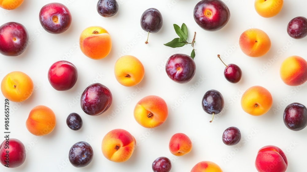 An assortment of stone fruits like peaches and plums on a bright white background An assortment of stone fruits like peaches and plums on a bright white background