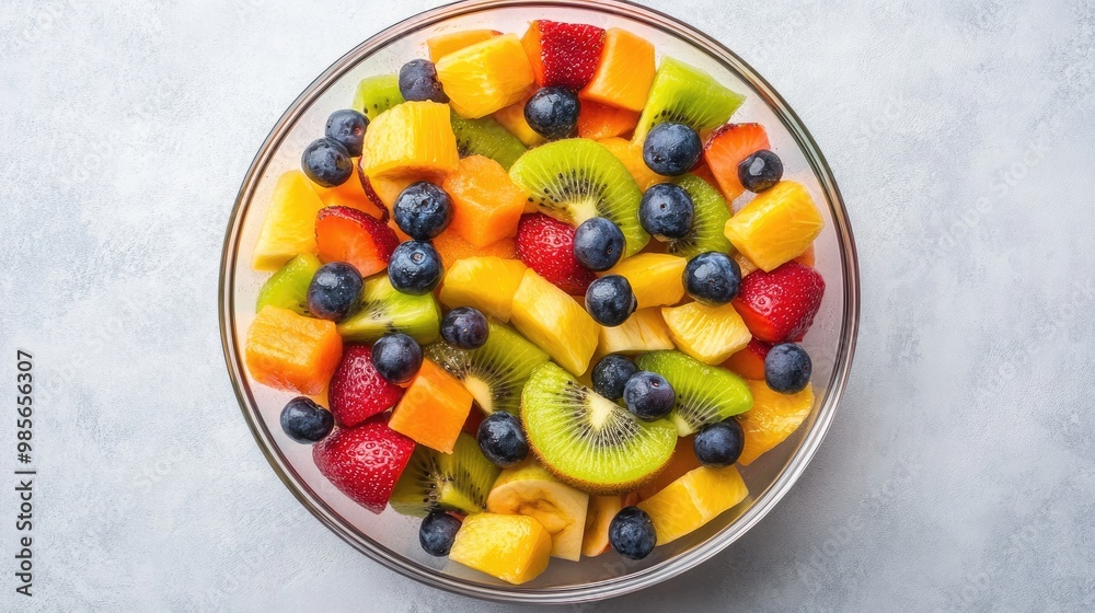 An overhead shot of a mixed fruit salad in a glass bowl, featuring a colorful assortment of diced fruits An overhead shot of a mixed fruit salad in a glass bowl, featuring a colorful assortment of diced fruits
