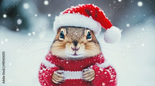 Chipmunk in snow with winter clothes like Santa Claus.. Christmas style hat and sweater. Funny animals in winter.