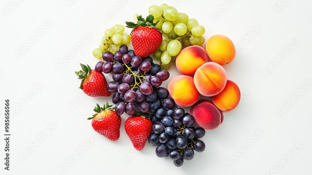 An overhead view of a fresh mix of organic fruits like strawberries, grapes, and peaches on a clean white background An overhead view of a fresh mix of organic fruits like strawberries, grapes, and peaches on a clean white background