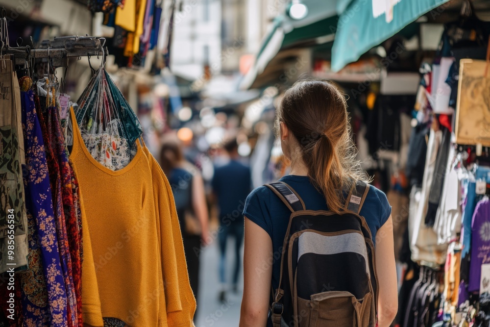 A young traveler explores a vibrant market scene filled with colorful clothing and energetic vibe. The path is crowded with shoppers. Adventure awaits. Generative AI A young traveler explores a vibrant market scene filled with colorful clothing and energetic vibe. The path is crowded with shoppers. Adventure awaits. Generative AI