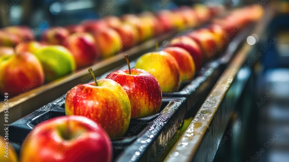 Apples being polished and coated in a fruit packaging factory, with bright, shiny results evident on the production line Apples being polished and coated in a fruit packaging factory, with bright, shiny results evident on the production line