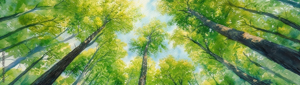 Fototapeta premium A serene view of a lush forest canopy, showcasing vibrant greenery and sunlight filtering through tall trees. Nature's tranquility.