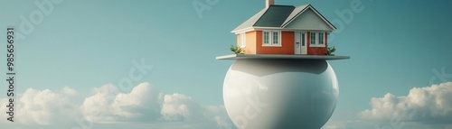 A suburban house on top of a fragile balloon, ready to burst, symbolizing housing market fragility photo