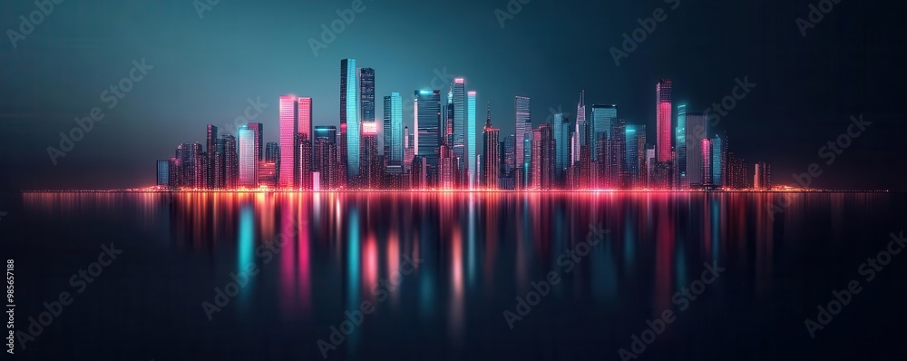 A stunning urban skyline illuminated by vibrant neon lights, reflecting beautifully in the calm water below at night.