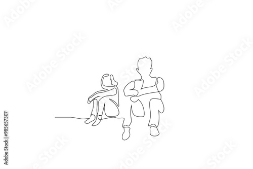 woman man sad calm sitting outside one line art design vector