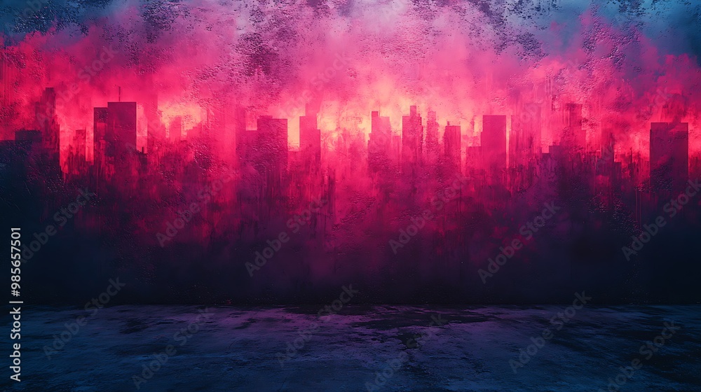 Fototapeta premium Chaotic graffiti echoes layered over a rough concrete surface, bright spray-paint colors intertwining with glitch-like distortions, forming a vibrant urban landscape,