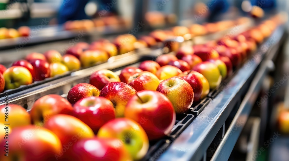 Apples moving through a fruit polishing line in a busy packaging factory, with machinery and workers in action Apples moving through a fruit polishing line in a busy packaging factory, with machinery and workers in action