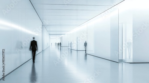 Silhouettes of people walking in a long, white, modern hallway.