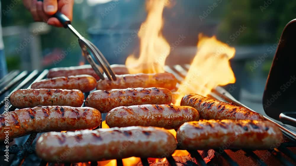 A man is cooking hot dogs on a grill