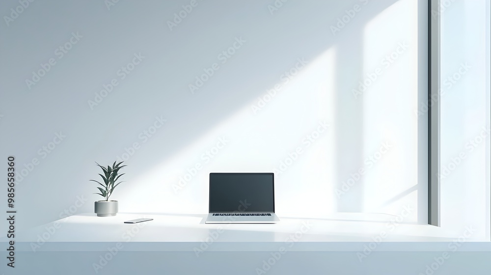 Bright and Minimalist Workspace with Laptop and Plant on Desk Bright and Minimalist Workspace with Laptop and Plant on Desk