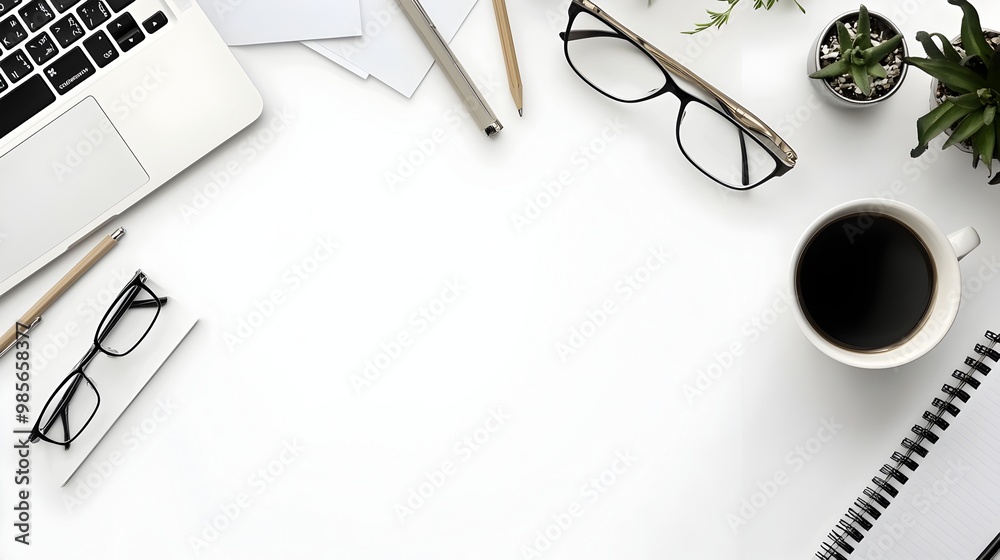 Organized Desk with Scattered Documents and Office Supplies for Business Background Organized Desk with Scattered Documents and Office Supplies for Business Background