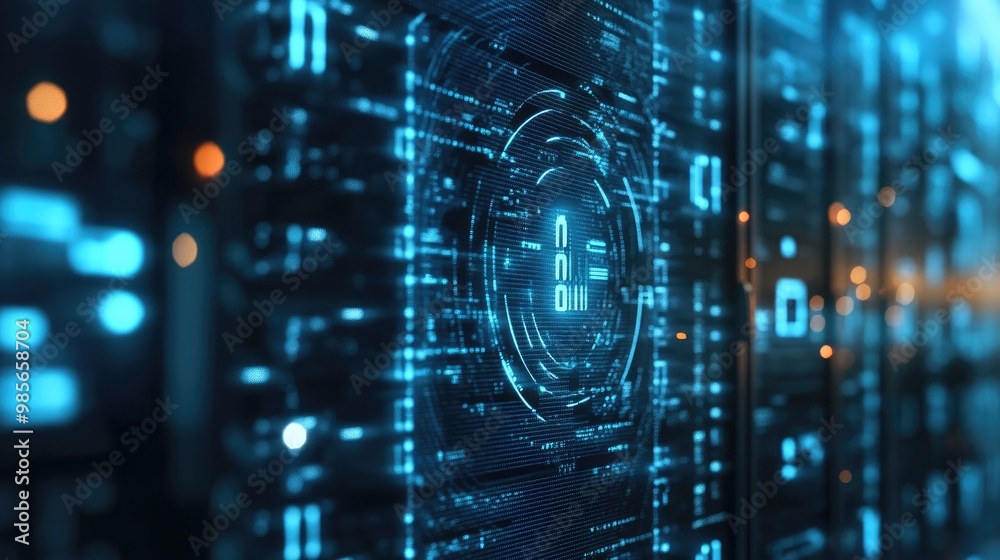 Close-up of a secure server with advanced encryption technology and real-time security metrics visible