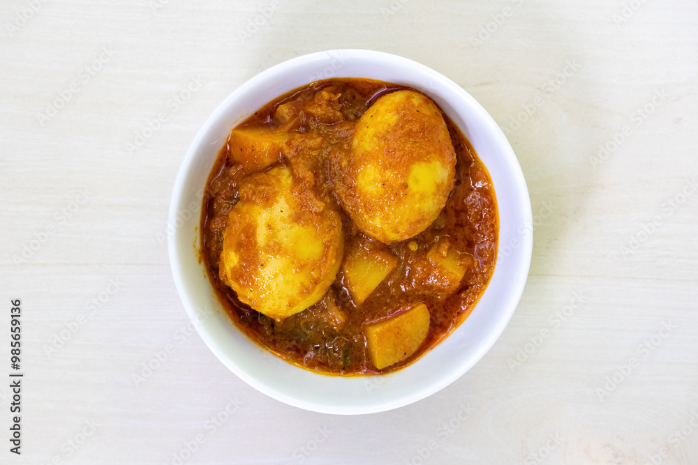 Spicy egg curry or Dim Vuna, cooked with potato, in a white ceramic bowl, placed on a light wooden surface. Top view of flavorful boiled dim bhuna, a Bengali recipe often enjoyed with rice or bread. Spicy egg curry or Dim Vuna, cooked with potato, in a white ceramic bowl, placed on a light wooden surface. Top view of flavorful boiled dim bhuna, a Bengali recipe often enjoyed with rice or bread.