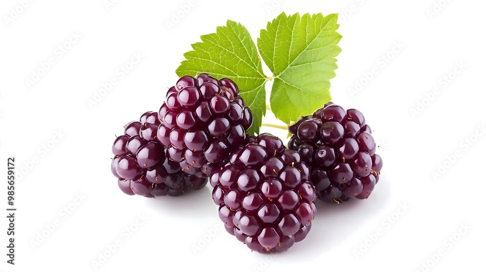 Fresh Ripe Blackberries with Green Leaves Isolated on White Background Fresh Ripe Blackberries with Green Leaves Isolated on White Background