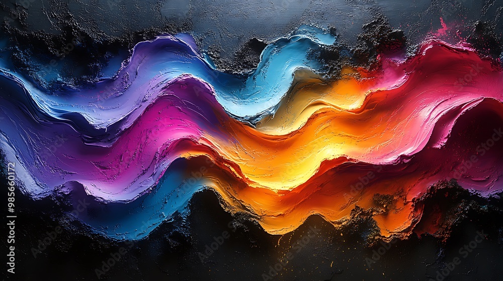 Fluid graffiti waves in bold colors cascading over rough urban textures, vibrant spray-paint patterns mimicking the movement of water, dynamic shapes intertwining with abstract tags,