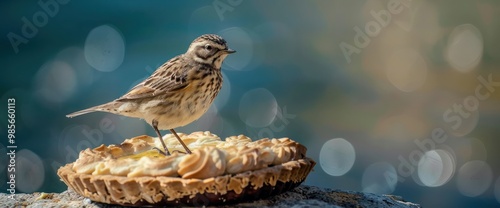 A selective focus shot of Anthus spinoletta or water pipit perched on a pie photo