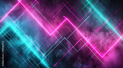 Abstract neon background with flickering lights and pixelated distortions creating a nostalgic arcade backdrop photo