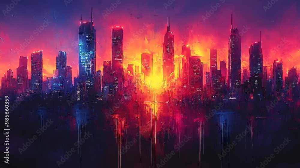 Obraz premium Futuristic graffiti cityscape, with bold street art patterns and dripping neon colors covering the buildings, abstract urban shapes glowing under city lights,