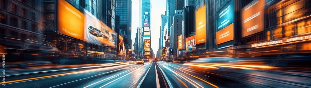 Obraz premium Vibrant city scene captured at night, featuring dynamic lights, busy streets, and a lively atmosphere of urban life.