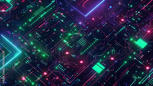 Pixelated circuits and a glowing grid in green and blue evoking an 80s arcade feel