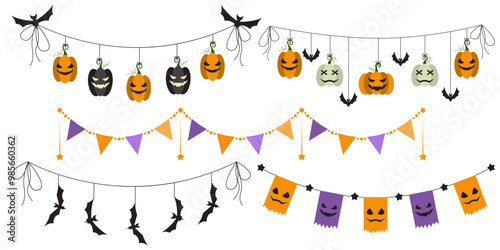 Halloween party decoration garland set with bats, pumpkins, witch hat. Cute Jack O Lantern Evil Pumpkin Garland Set for Halloween. Simple banner hanging party classy decor vector element.