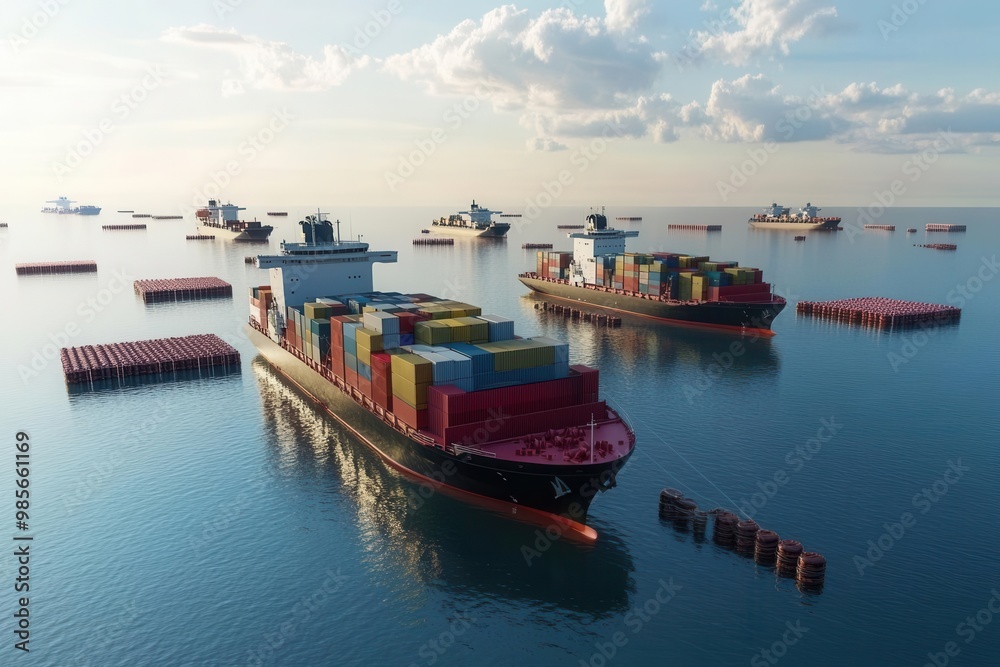 Fototapeta premium Cargo ships stranded at sea surrounded by floating barriers, symbolizing global trade limitations