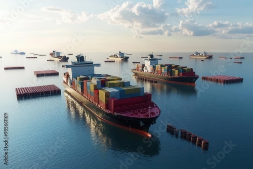 Cargo ships stranded at sea surrounded by floating barriers, symbolizing global trade limitations photo