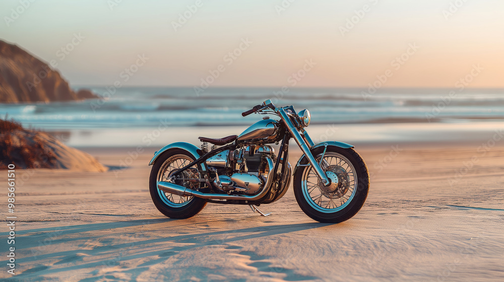 Fototapeta premium Vintage motorcycle on sandy beach at sunset with ocean waves in background, coastal adventure concept