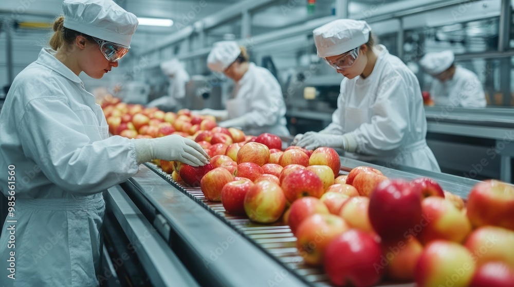 Workers in white uniforms polishing shiny apples on a high-speed production line in a fruit packaging facility Workers in white uniforms polishing shiny apples on a high-speed production line in a fruit packaging facility
