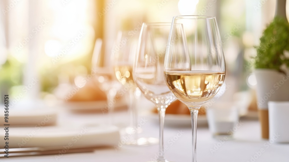 A close-up view of elegantly arranged wine glasses on a dining table, bathed in soft sunlight, creating a warm and inviting atmosphere. A close-up view of elegantly arranged wine glasses on a dining table, bathed in soft sunlight, creating a warm and inviting atmosphere.