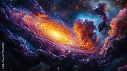 Graffiti patterns swirling through a galaxy, bright neon spray-paint blending with cosmic clouds and distant stars, creating a colorful urban space scene,