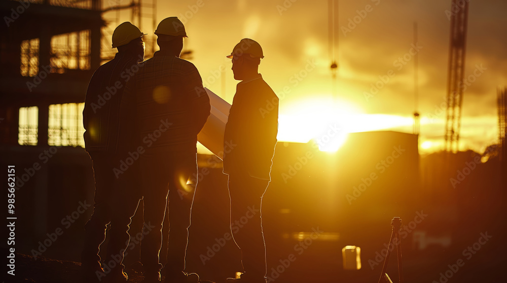 Construction workers discussing project at sunset, silhouettes of builders on site, teamwork concept Construction workers discussing project at sunset, silhouettes of builders on site, teamwork concept