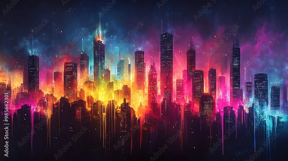 Graffiti skyline with vibrant spray paint patterns and abstract shapes, merging with digital glitch elements, bright neon colors dripping from skyscrapers, glowing amidst dark urban textures, Graffiti skyline with vibrant spray paint patterns and abstract shapes, merging with digital glitch elements, bright neon colors dripping from skyscrapers, glowing amidst dark urban textures,