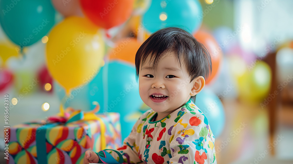Smiling toddler amidst colorful balloons and presents, birthday celebration concept