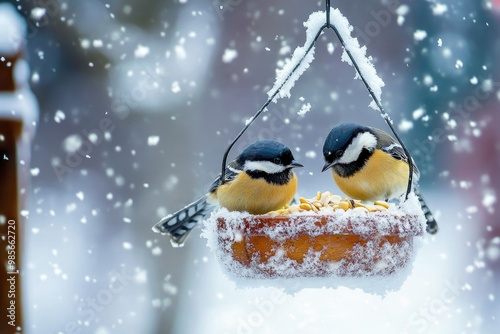 Two birdsfeeding in the snowy winter bird feeder photo