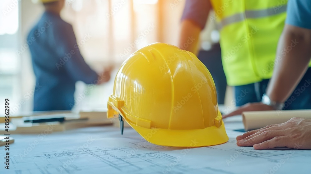 A construction helmet rests on a table covered with blueprints, illustrating a work environment focused on safety and planning. A construction helmet rests on a table covered with blueprints, illustrating a work environment focused on safety and planning.