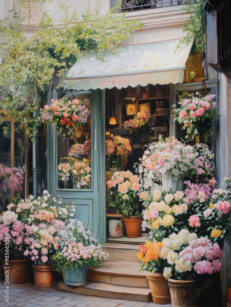 Naklejka premium Flower shop in Paris, France. Bouquets of flowers in pots