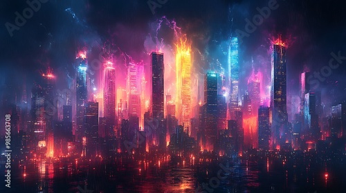 Graffiti-style skyscrapers glowing in neon colors, dripping spray-paint shapes covering the city skyline, abstract urban forms blending with dark gritty textures,