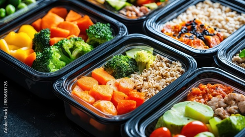 Portion-controlled containers of prepped meals with balanced portions of vegetables, grains, and proteins